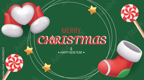 Merry Christmas and Happy New Year greeting card. Holiday green banner design with Santa Claus mittens holds heart snowball, red festive sock, twisted swirl lollipops, gold stars. Vector illustration.