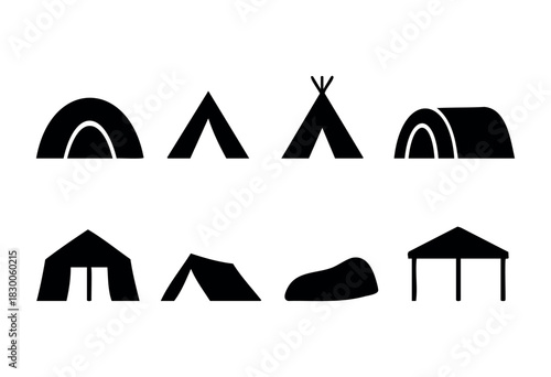 Minimalist camping and outdoor shelter icons — tents, igloo, and sleeping bag — stock vector.