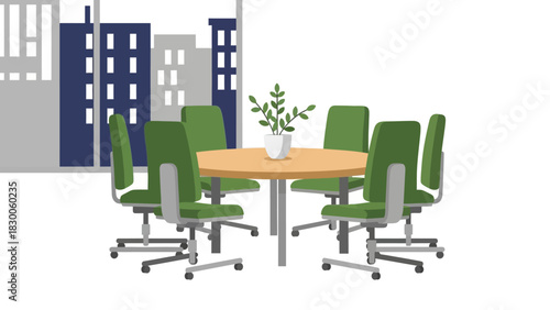 Modern office meeting room with green chairs and urban view