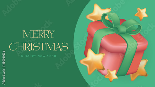 Merry Christmas and Happy New Year greeting card. Holiday green banner design with red gift box and gold stars. Festive invitation poster with glossy present in 3d render effect. Vector illustration.