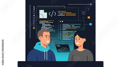 Developers collaborating on code with modern digital interface in cartoon style