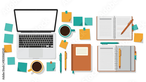 Flat lay office desk with laptop, notebooks, pens, and coffee cups in modern workspace
