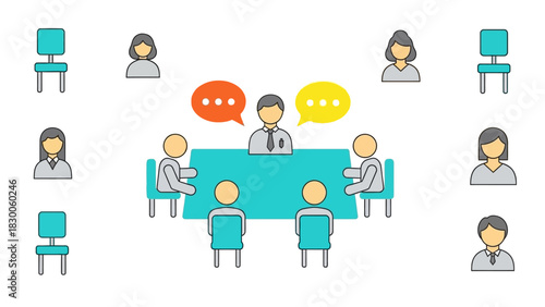 Business meeting discussion with diverse team in flat design style