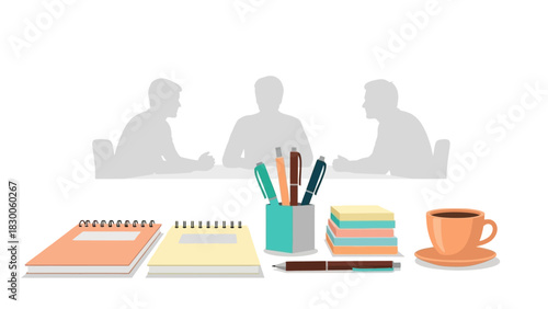 Flat office meeting scene with stationery and silhouetted figures