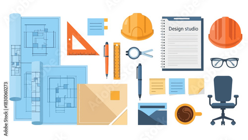 Architectural workspace elements with blueprints and office supplies