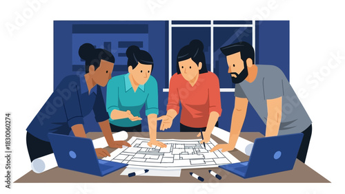 Team collaboration on house design with laptops and blueprints in modern office