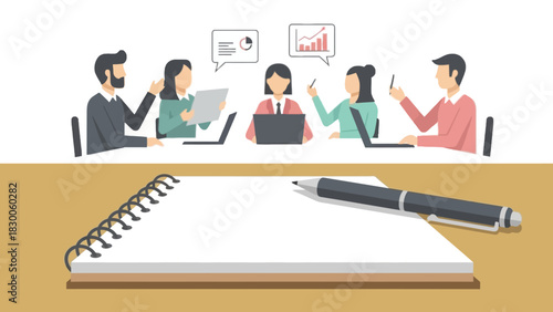 Business team meeting in flat design with notebook and pen in the foreground