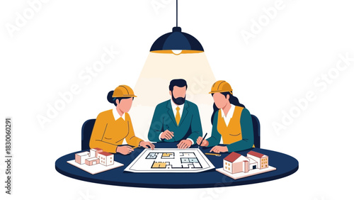 Team of architects analyzing building plans under a hanging lamp