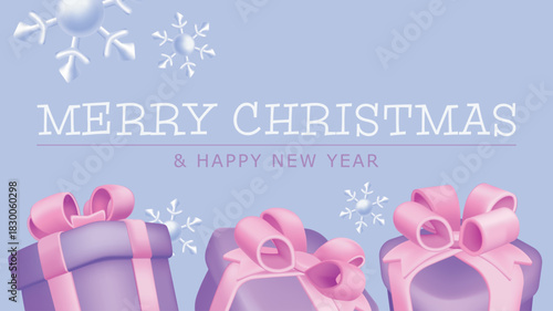 Merry Christmas and Happy New Year greeting card. Holiday minimalist banner design with flying snowflakes and purple with pink gift boxes border with glossy 3d render effect. Vector illustration.