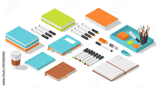 Colorful isometric office supplies collection with notebooks, pens, and desk accessories