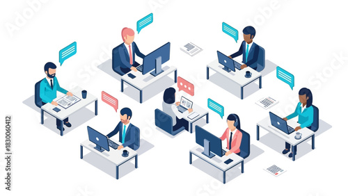 Isometric office scene with diverse professionals working remotely at desks with laptops and chat bubbles