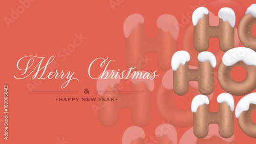 Merry Christmas and Happy New Year greeting card. Holiday red banner design with Santa Claus ho ho ho phrase with shiny 3d render font. Minimalist festive invitation poster. Vector illustration.