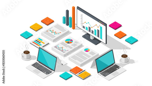 Modern isometric office workspace with laptops and data analysis charts