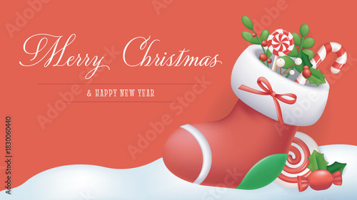 Merry Christmas and Happy New Year greeting card. Holiday banner design with Santa Claus sock with candy cane, lollipops, holly berry and green leaves. Festive invitation poster. Vector illustration.