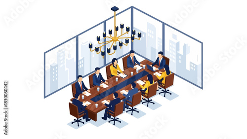 Isometric business meeting in modern office with executives around a conference table