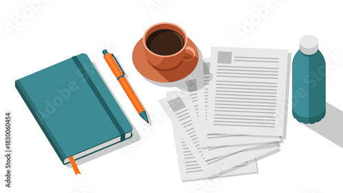 Coffee break with notebook and documents on desk in flat design style