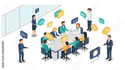 Collaborative office meeting in isometric style with diverse team and speech bubbles