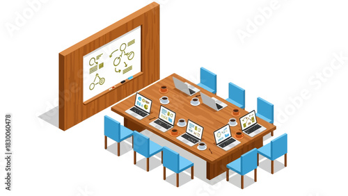 Isometric office meeting room with laptops and presentation board