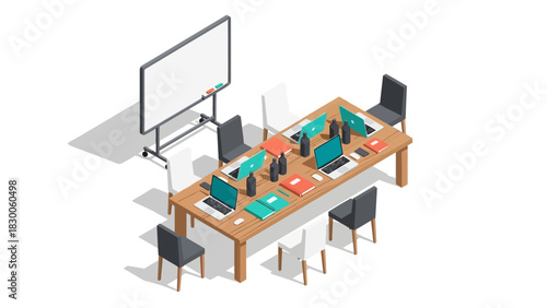 Isometric office workspace with laptops and whiteboard for collaborative meetings