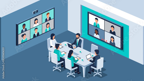 Virtual meeting room with video conferencing and team collaboration in modern office setting