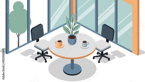 Modern office interior with round table and chairs in isometric style