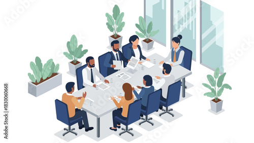 Isometric office meeting with diverse team collaborating around conference table