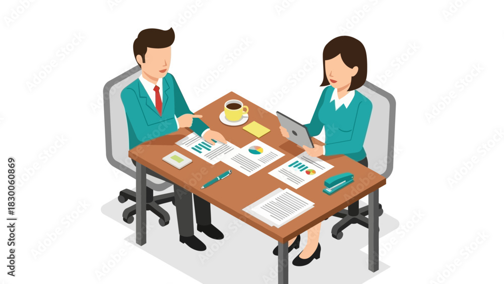 Obraz premium Isometric office meeting with professionals analyzing data and charts at work