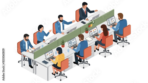 Modern office workflow in isometric design with busy team collaborating at desks