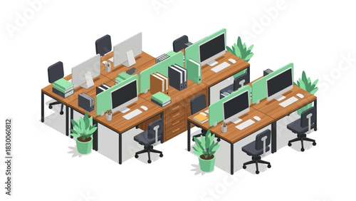 Modern isometric office workspace with desks, computers, and greenery