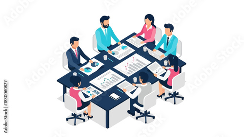 Isometric meeting: team collaboration around business conference table