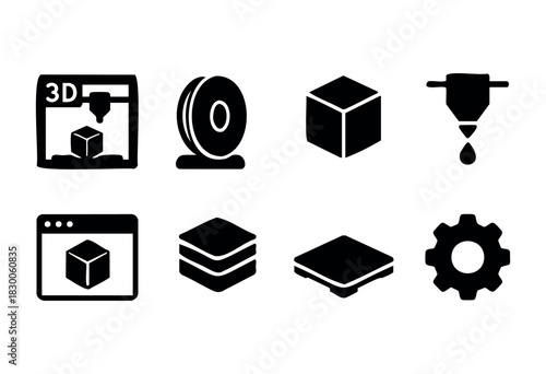Collection of flat black vector icons representing 3D printing technology, modeling, and prototyping tools — stock vector.