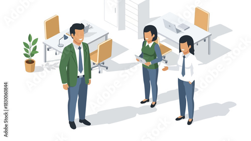 Isometric office team meeting with natural light and open workspace design