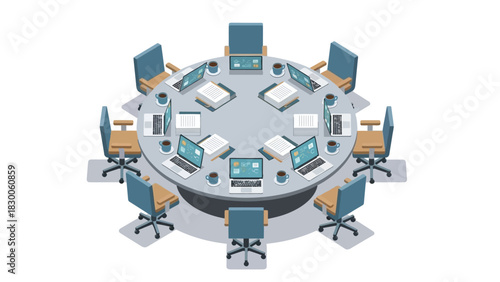 Isometric office meeting room table with chairs and laptops in business setting