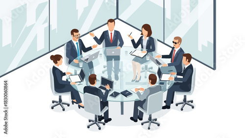 Business team meeting in modern office with large round table and city view
