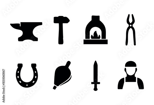 Flat vector collection of blacksmith and metal forging icons — hammer, anvil, forge, and tools — stock vector.