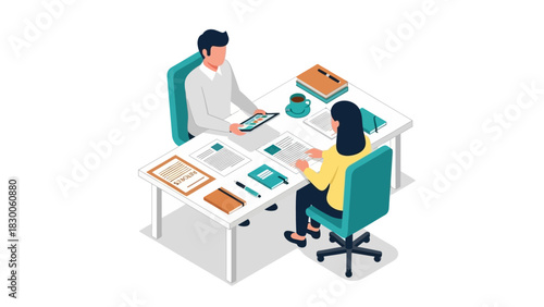 Modern office scene with two professionals collaborating at desk in isometric style