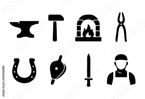 Flat vector collection of blacksmith and metal forging icons — hammer, anvil, forge, and tools — stock vector.