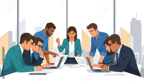 Team collaboration in a modern office setting with laptops