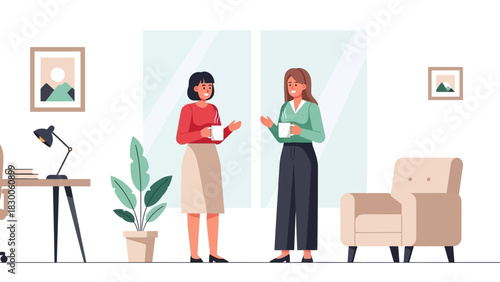 Colleagues enjoy coffee break in modern office with minimalist decor