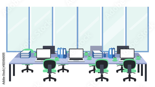 Modern office workspace with computers and chairs in minimalist style