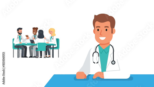 Animated medical team collaboration: diverse doctors discuss patient care in meeting