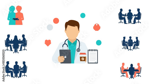 Healthcare professional consultation and teamwork concept with doctor and meeting silhouettes