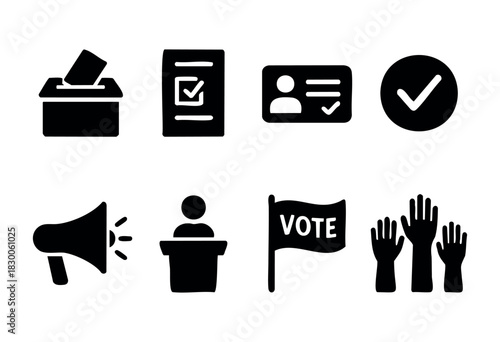 Collection of voting and election icons — ballot box, check mark, and participation symbols — stock vector.