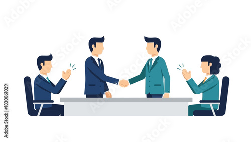 Business partners shaking hands at meeting table with colleagues applauding