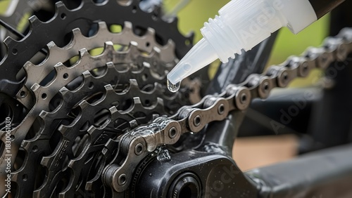 Lubricating a bicycle chain and cassette with a clear oil from a dropper bottle close up view