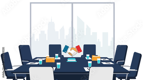 Professional meeting room with business handshake in flat design concept