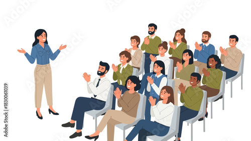 Business presentation audience clapping in seminar with enthusiastic female speaker in modern flat style