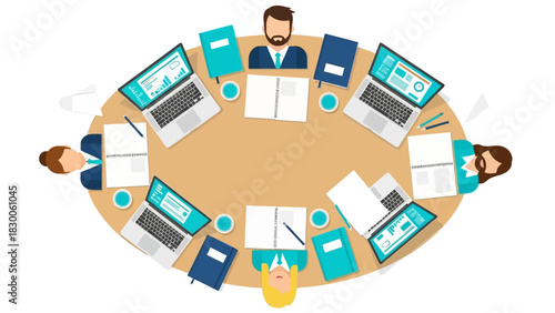 Flat design meeting: business team collaborating around conference table with laptops and documents