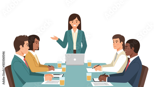 Team meeting with female leader at conference table with laptops