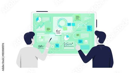 Two professionals analyzing digital data on interactive screen with graphs and charts